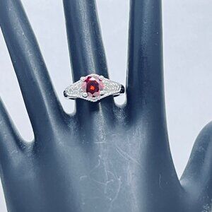 Silver Tone With Orange And Clear Glass Rhinestone Statement Ring (R364)